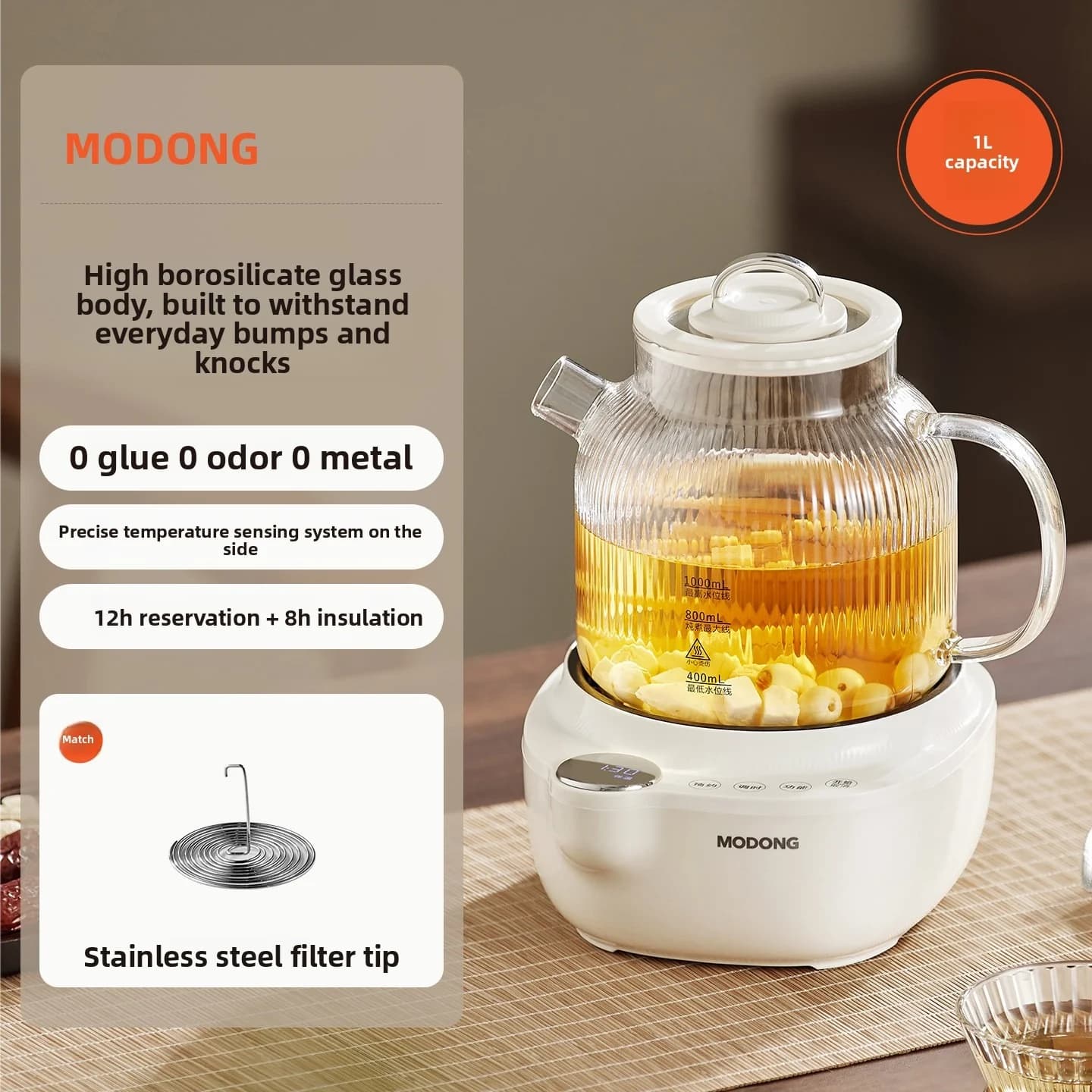 Elektriline klaasist terviseteekeetja temperatuurijuhtimise ja teeaurutiga