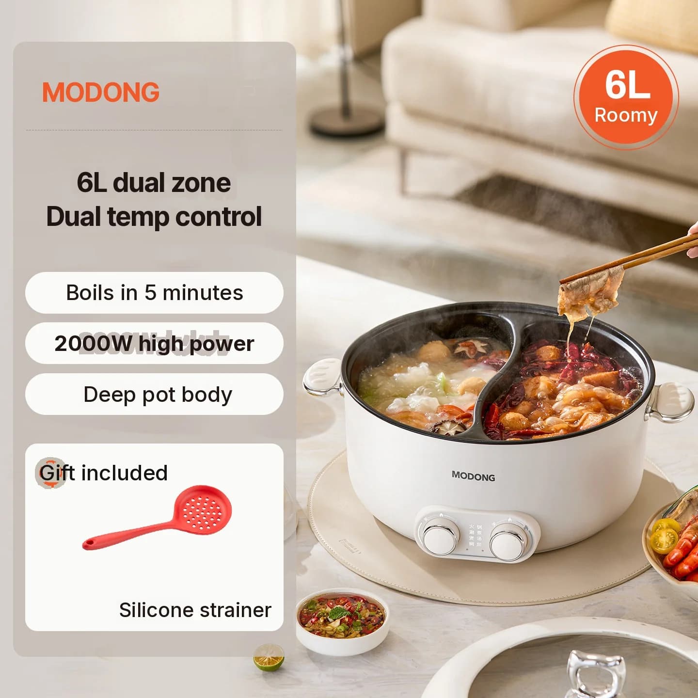 6L kahe tsooniga elektriline hot pot sõltumatu temperatuurijuhtimisega