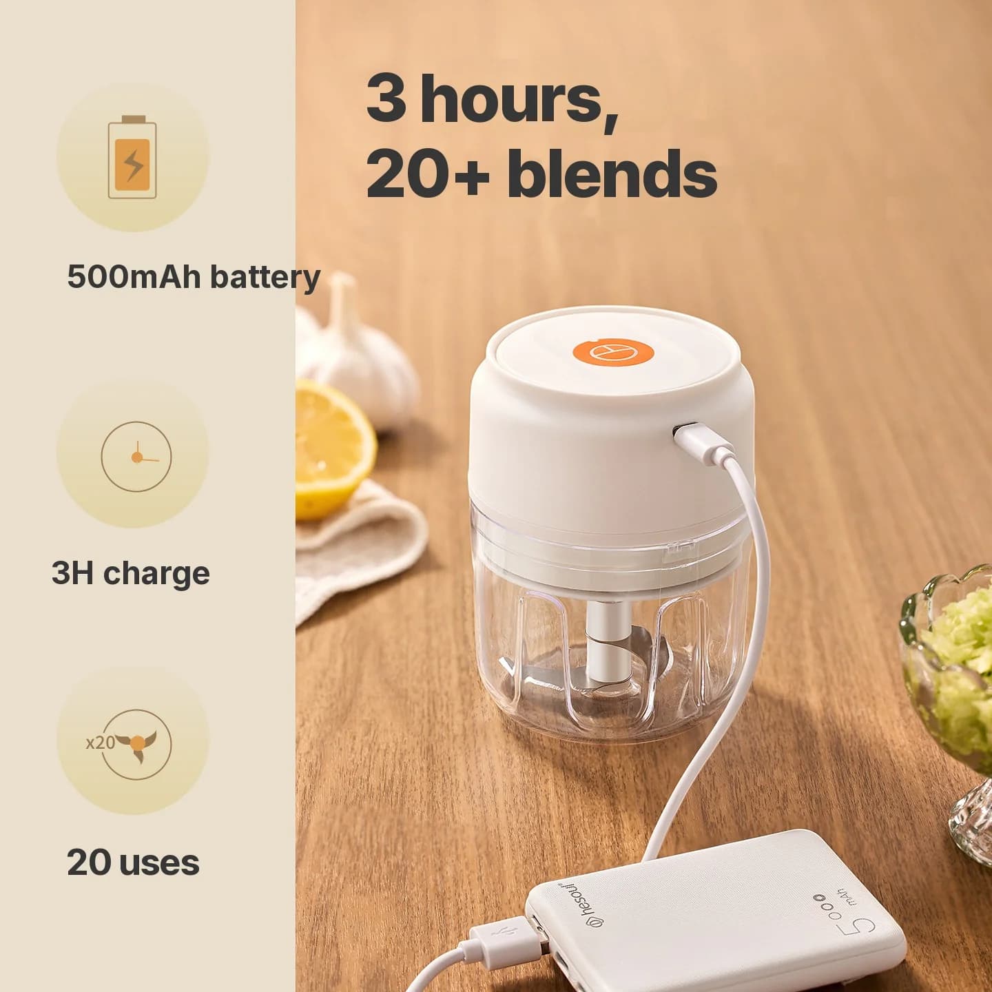 Juhtmevaba elektriline küüslauguhakkuritops 250mL 5V 30W plastikust