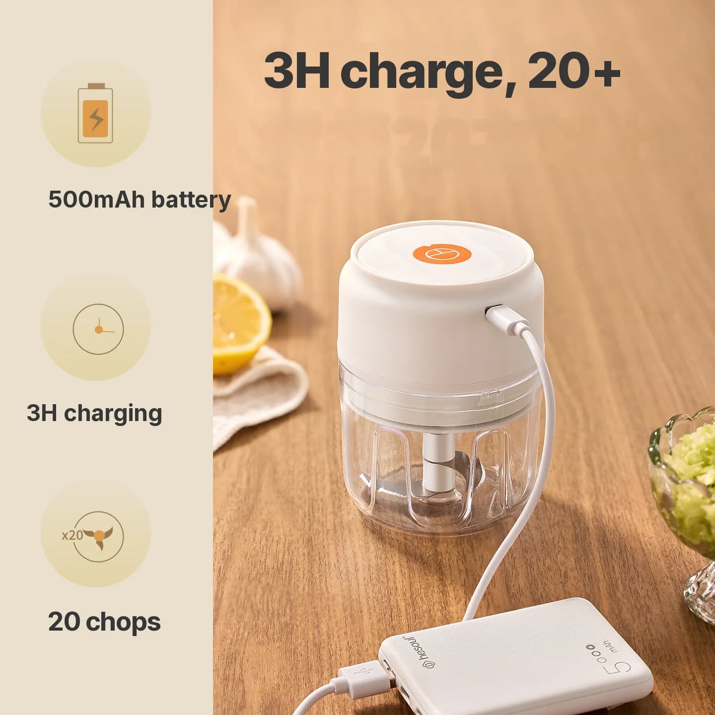 Juhtmevaba elektriline küüslauguhakkija tass 250mL 5V 30W plastik